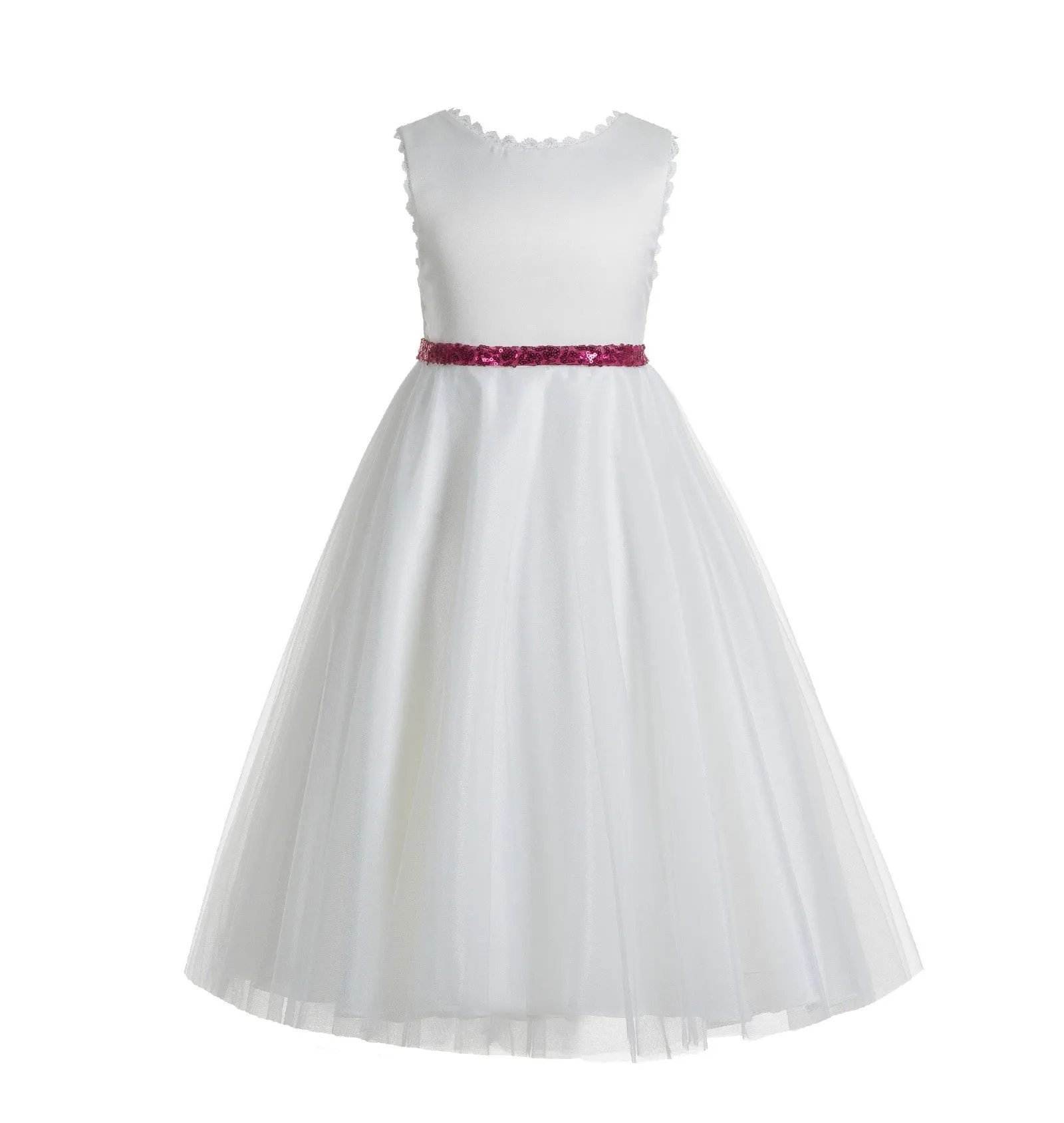 Ivory V-Back Lace Edge Junior Flower Girl Dress Holy Baptism First Communion Christening Dresses 183