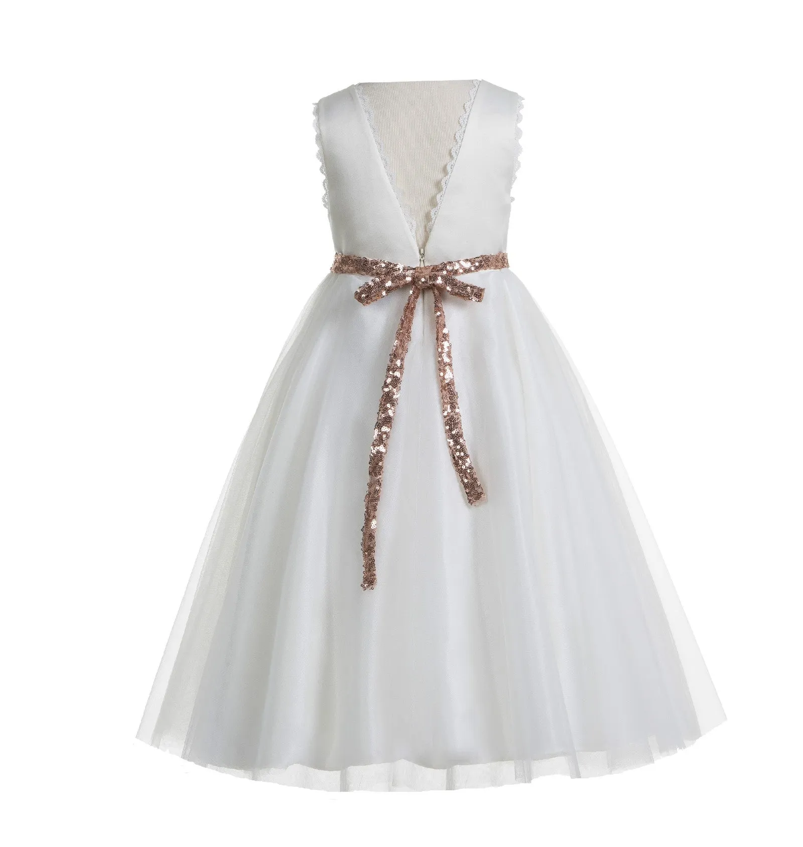 Ivory V-Back Lace Edge Junior Flower Girl Dress Holy Baptism First Communion Christening Dresses 183