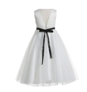 Ivory V-Back Lace Edge Junior Flower Girl Dress Holy Baptism First Communion Christening Dresses 183