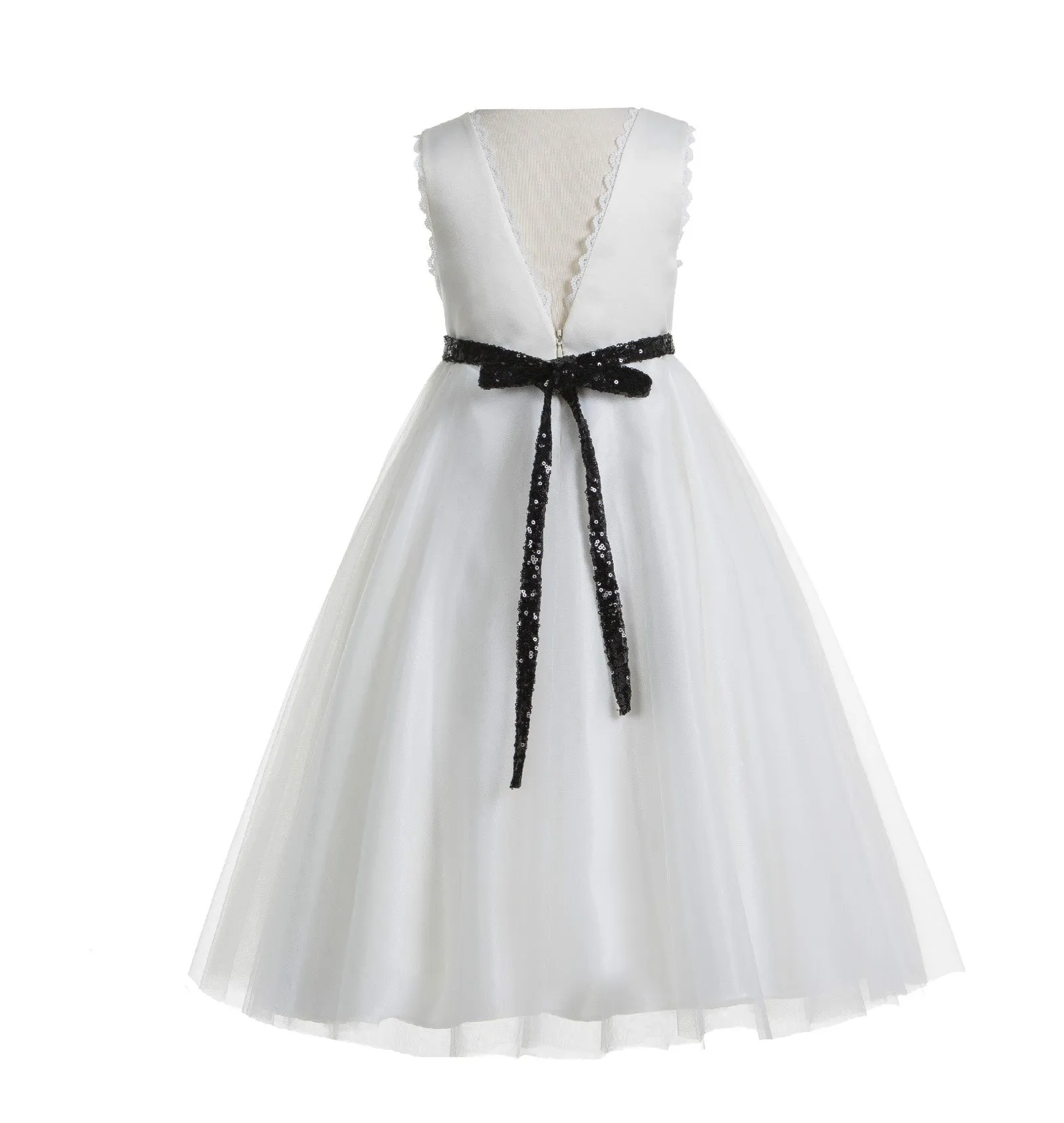 Ivory V-Back Lace Edge Junior Flower Girl Dress Holy Baptism First Communion Christening Dresses 183