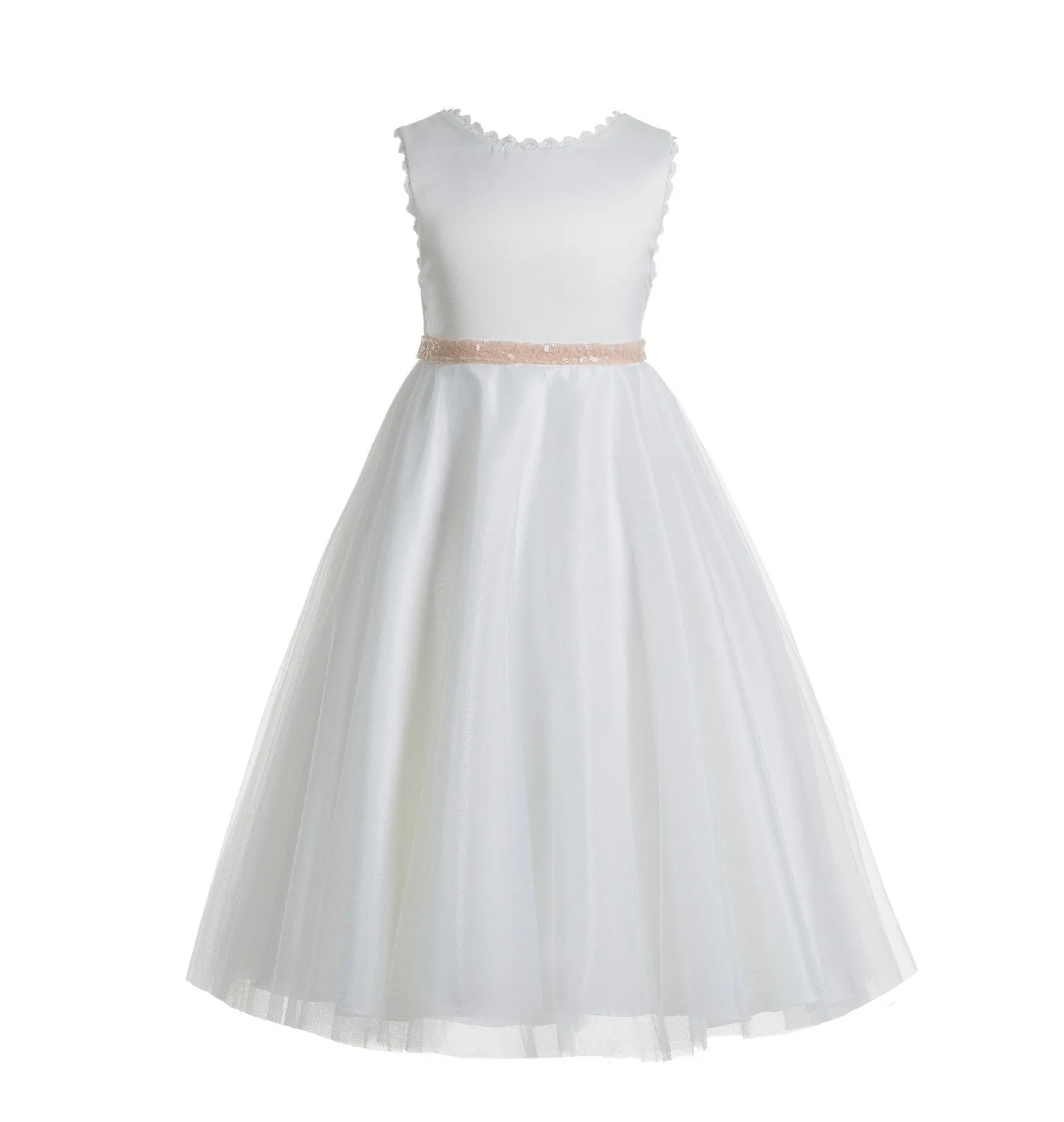 Ivory V-Back Lace Edge Junior Flower Girl Dress Holy Baptism First Communion Christening Dresses 183