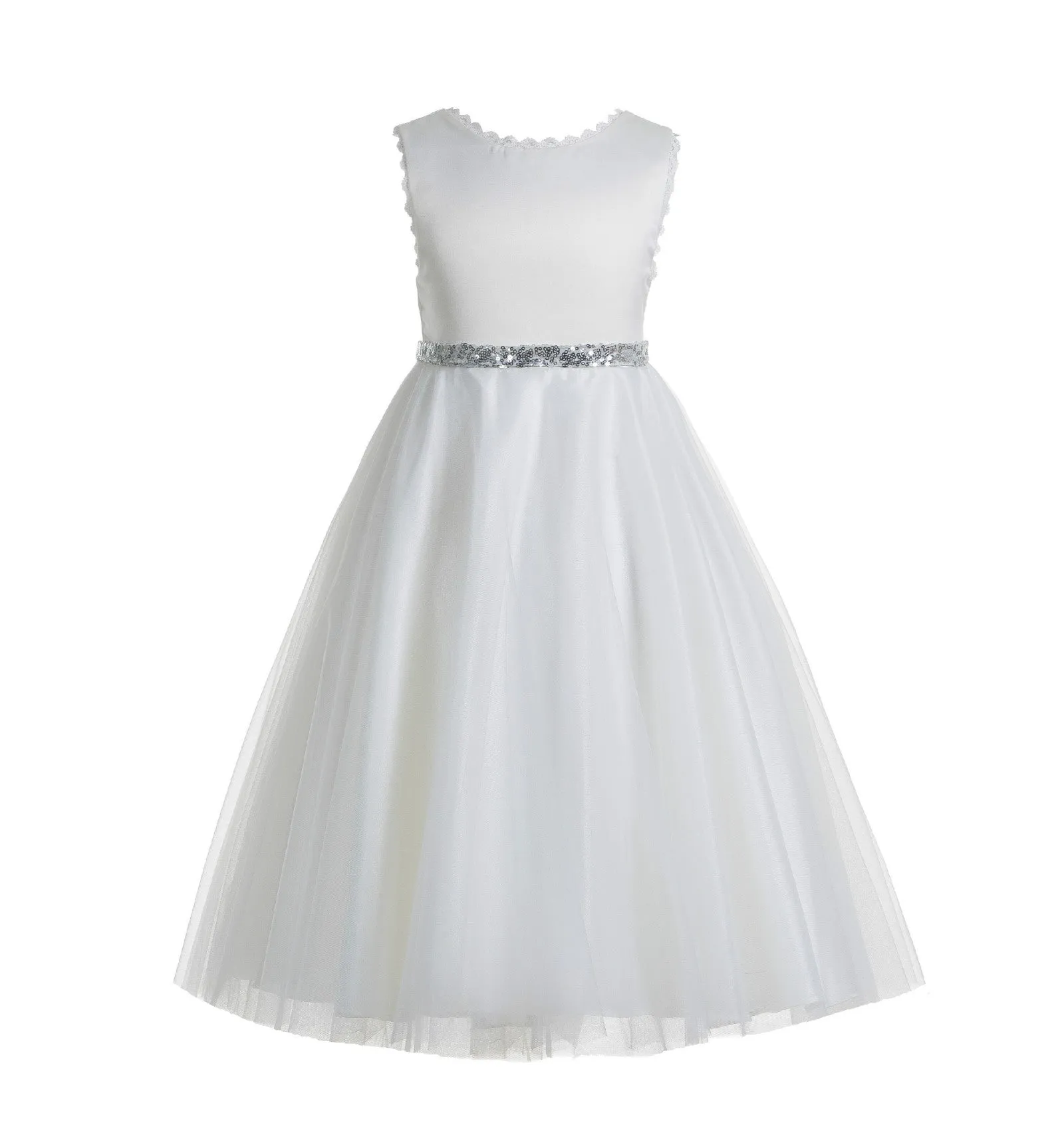 Ivory V-Back Lace Edge Junior Flower Girl Dress Holy Baptism First Communion Christening Dresses 183