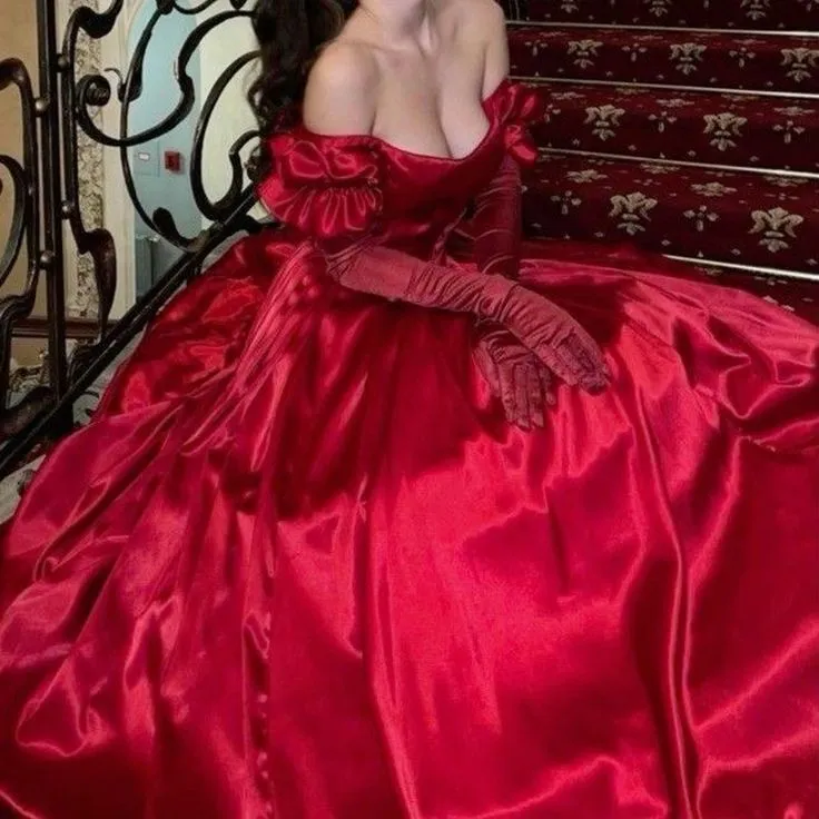 JazzHer Elegant A line Off The Shoulder Red Satin Long Prom Dress Evening Dresses With Gloves (PRE-ORDER)