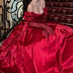 JazzHer Elegant A line Off The Shoulder Red Satin Long Prom Dress Evening Dresses With Gloves (PRE-ORDER)