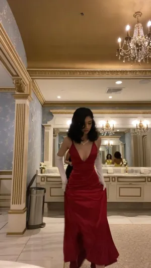JazzHer Elegant Sheath Spaghetti Straps Red Satin Prom Dress Birthday Outfits (PRE-ORDER)
