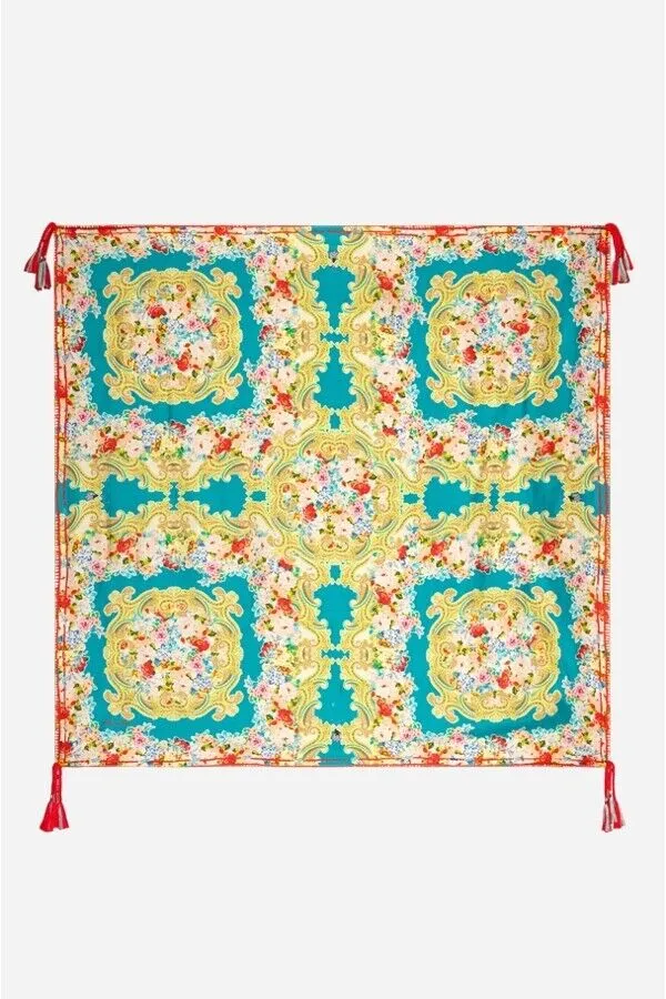 Johnny Was Rivoray Scarf Kaleidoscopic Sky Blue Flower Square Silk Tassel New