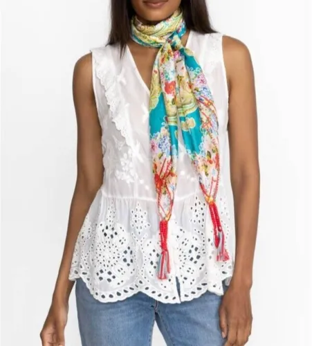 Johnny Was Rivoray Scarf Kaleidoscopic Sky Blue Flower Square Silk Tassel New