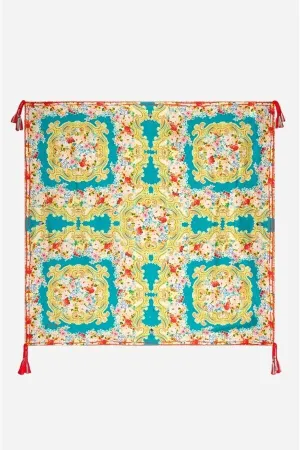 Johnny Was Rivoray Scarf Kaleidoscopic Sky Blue Flower Square Silk Tassel New