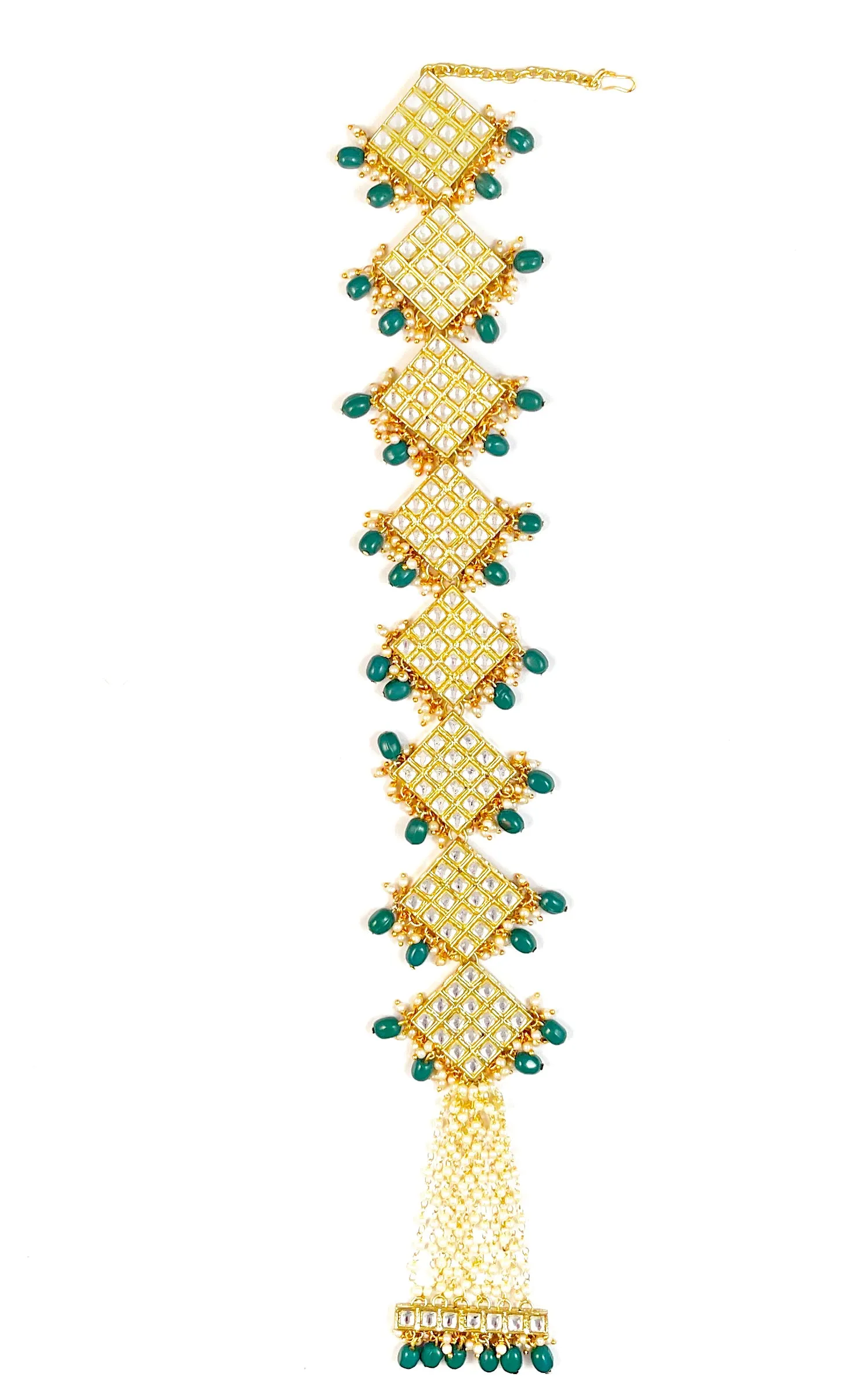 Karatcart Diamond Shape Gold Plated Green Tumble Kundan Bridal Wedding Hair Braid Choti