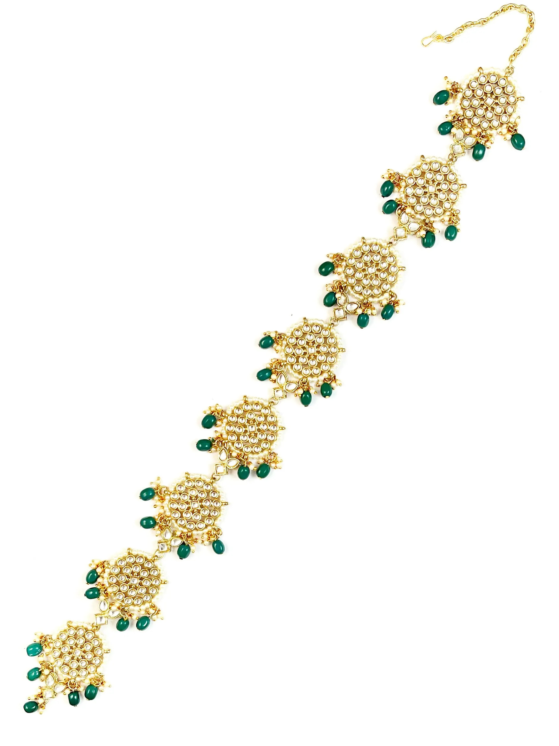 Karatcart Floral Shape Gold Plated Green Tumble Kundan Bridal Wedding Hair Braid Choti
