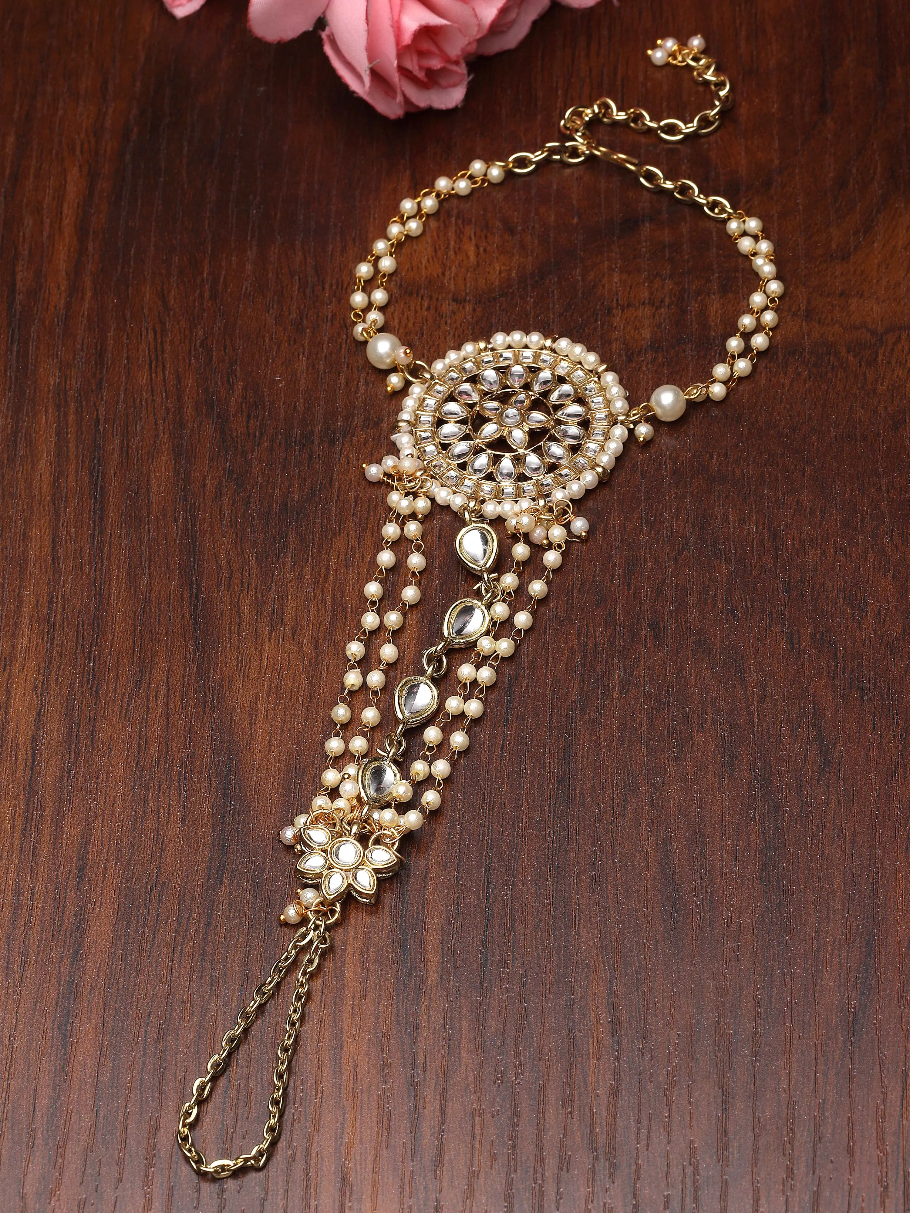 Karatcart Gold Plated Floral Design Kundan Hathphool for Women