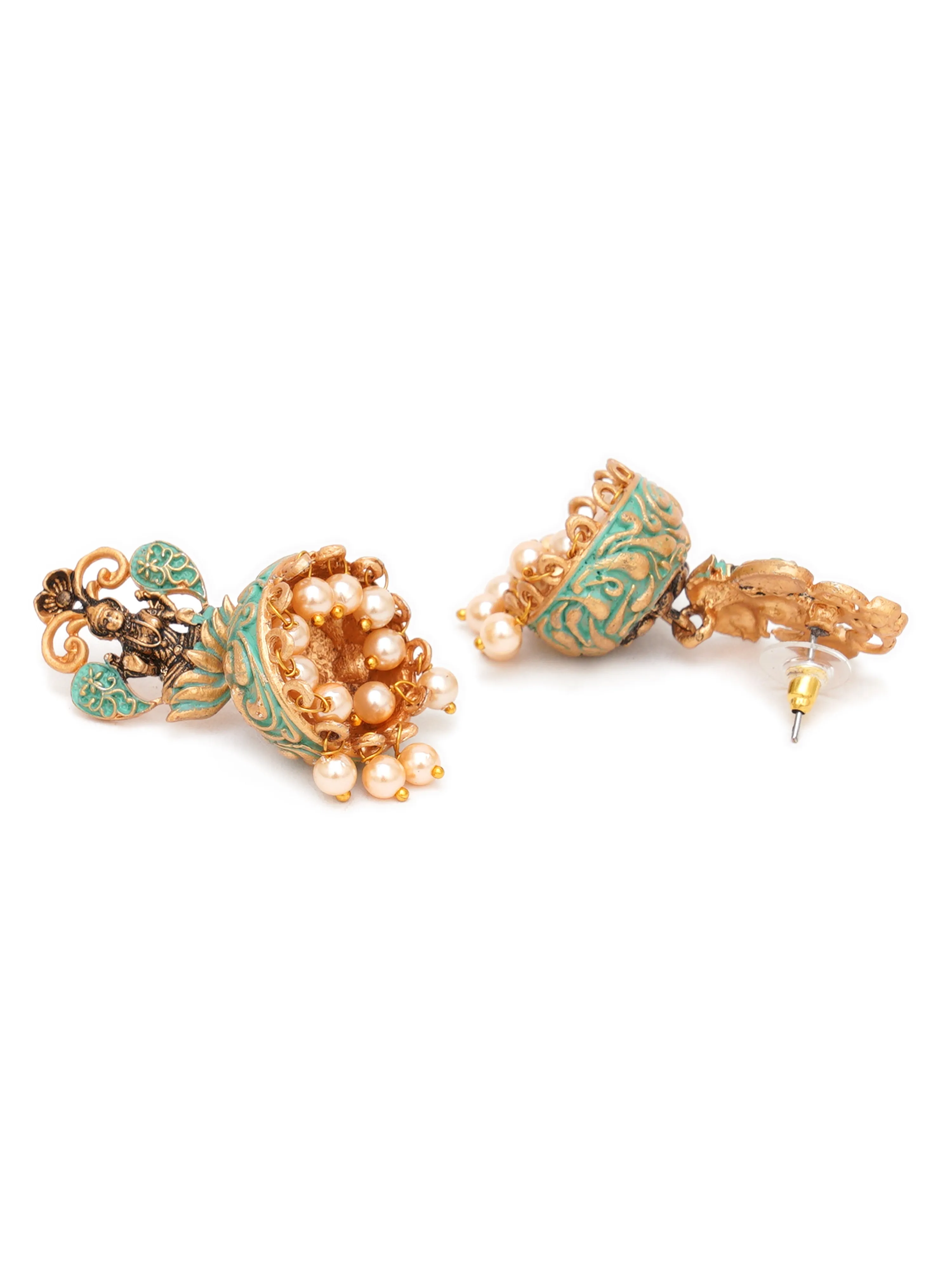 Karatcart Gold Plated Green Meena Mata Laxmi Jhumki Earrings for Women