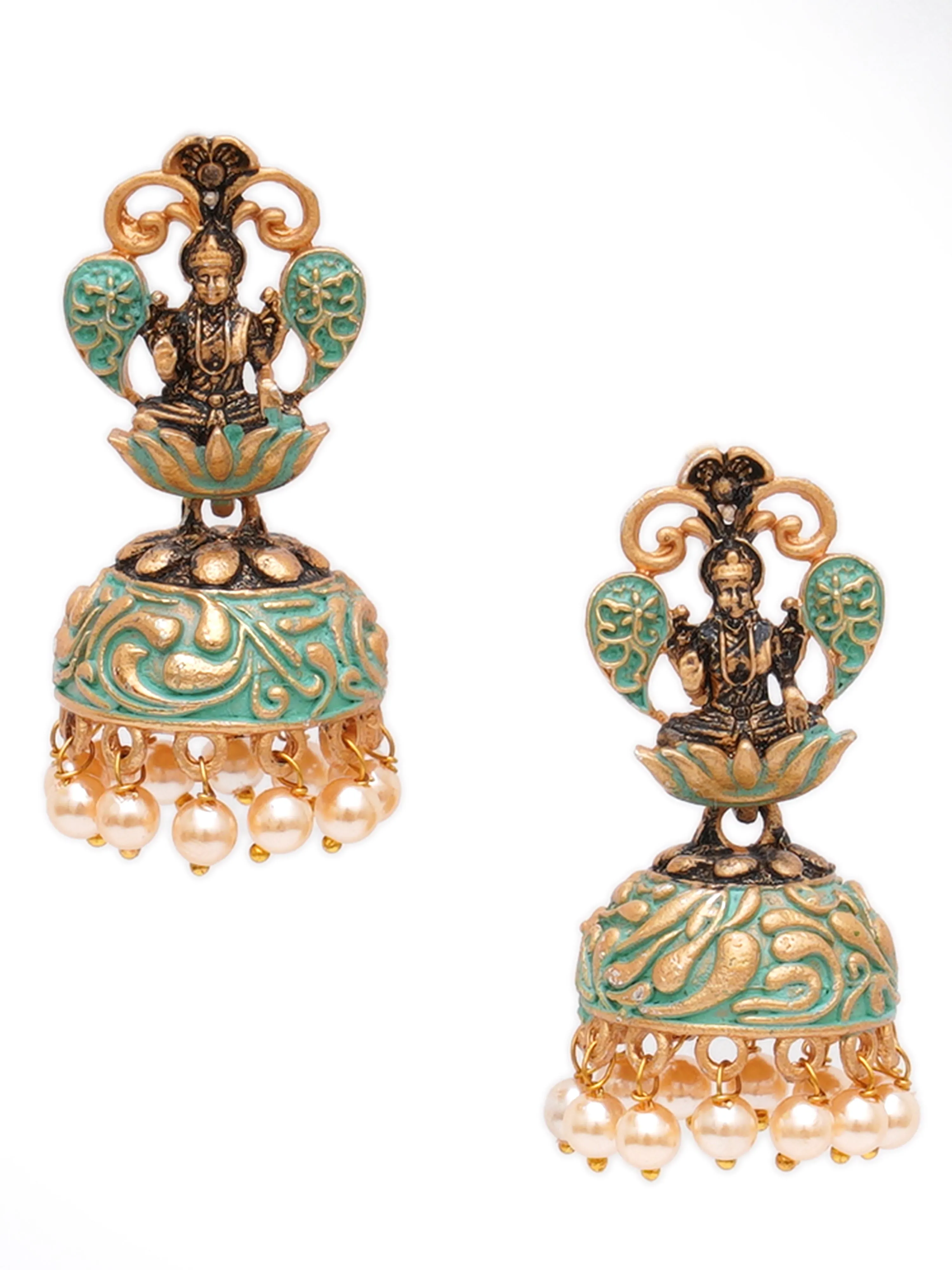 Karatcart Gold Plated Green Meena Mata Laxmi Jhumki Earrings for Women