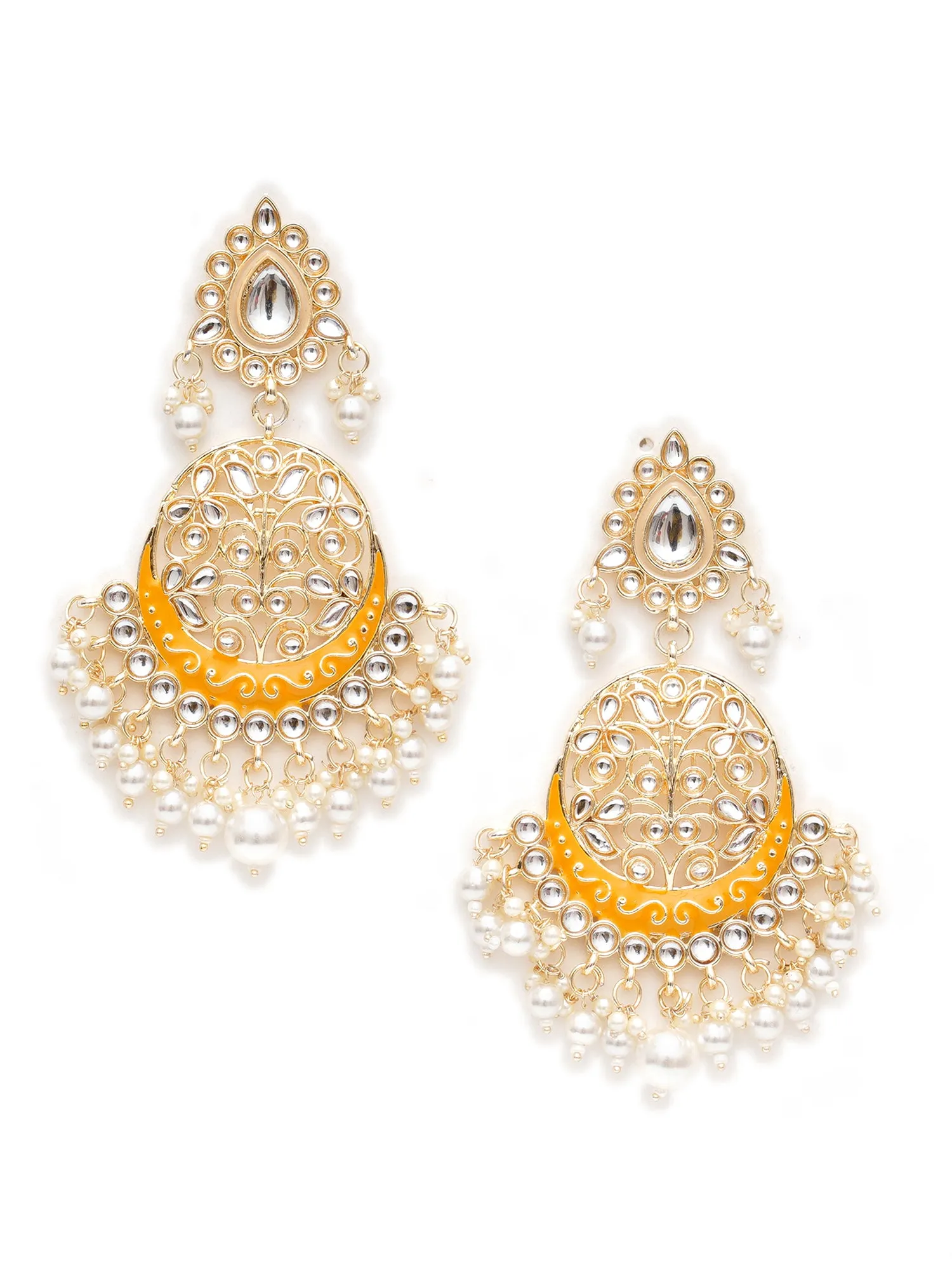 Karatcart Gold Plated Handcrafted Yellow Meena and Pearl Dangler Earrings for Women