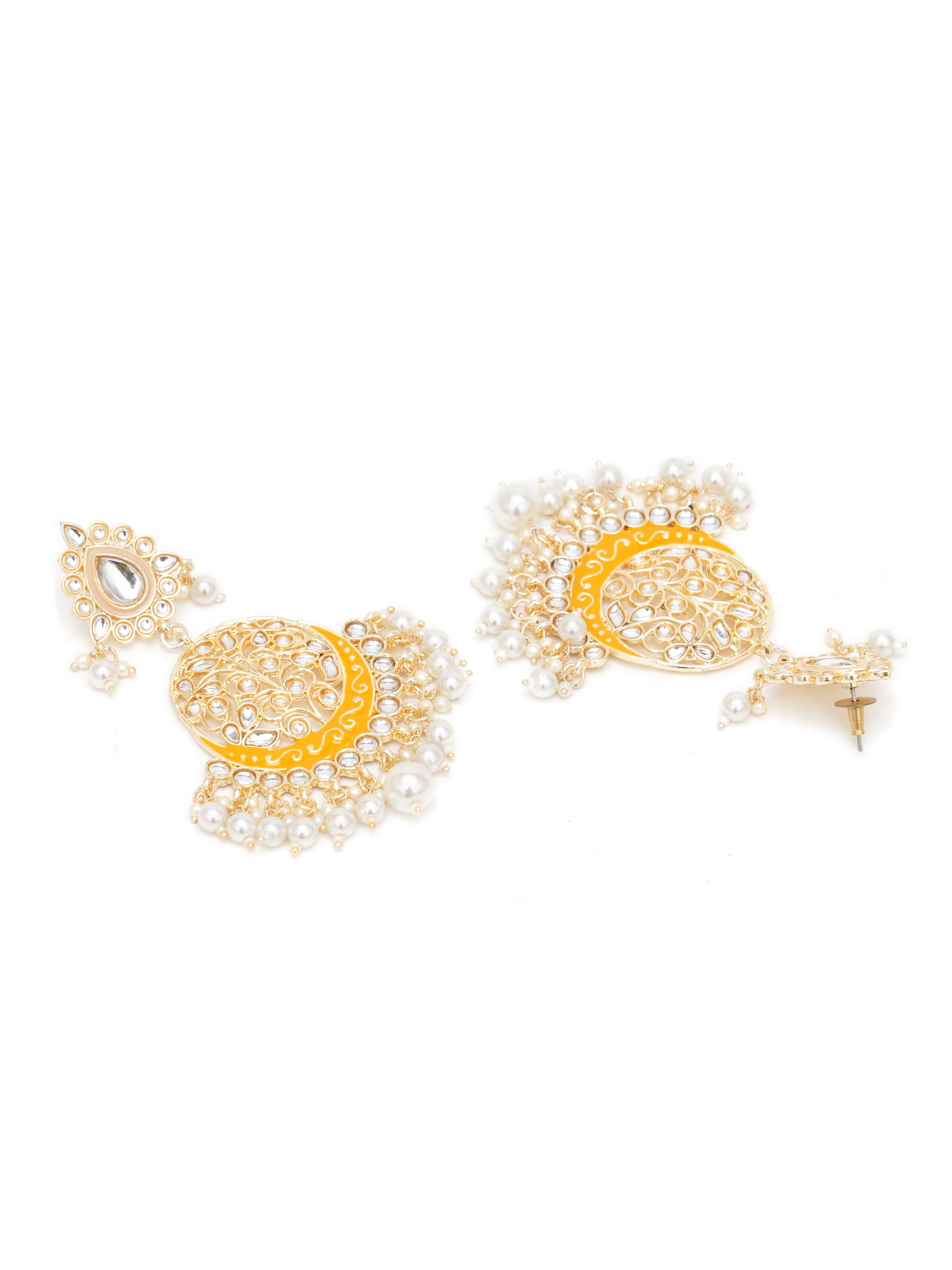 Karatcart Gold Plated Handcrafted Yellow Meena and Pearl Dangler Earrings for Women