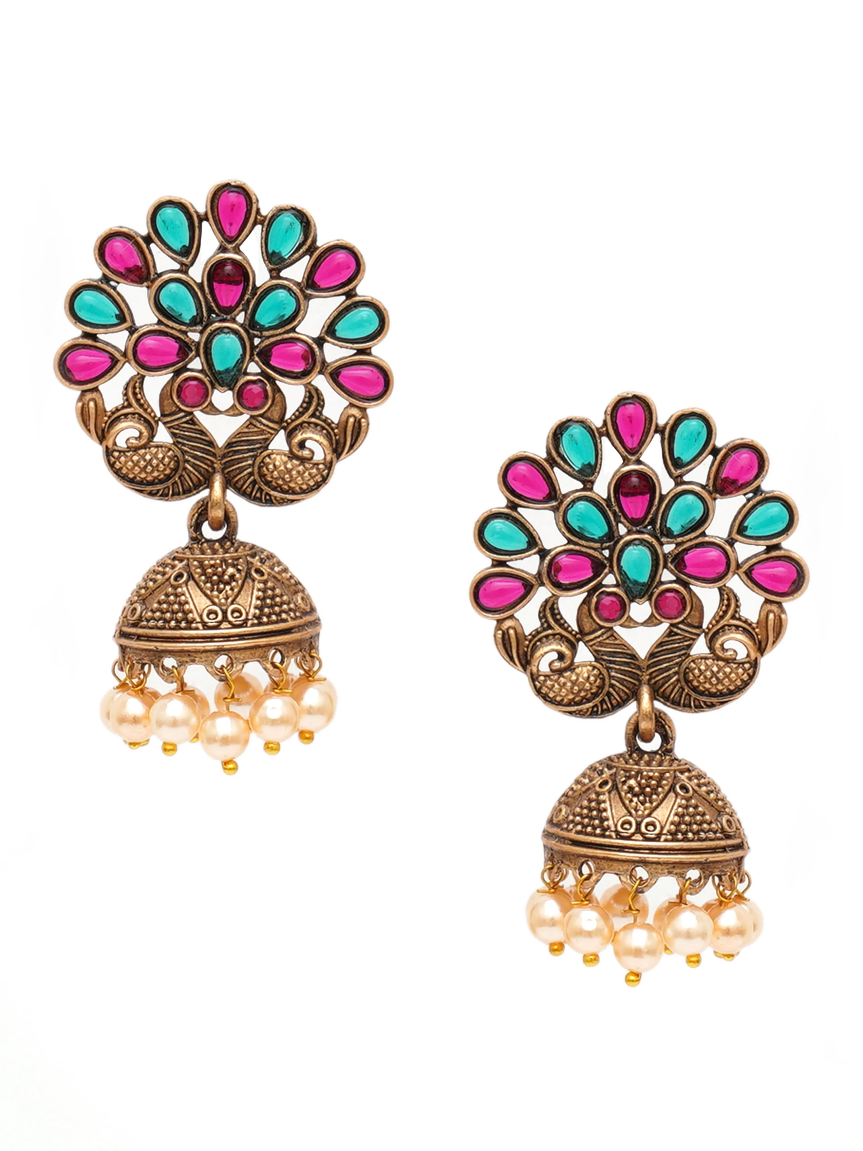 Karatcart Gold Plated Peacock Shape Red and Green Stone Jhumki Earrings for Women