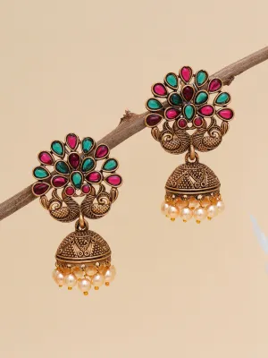 Karatcart Gold Plated Peacock Shape Red and Green Stone Jhumki Earrings for Women