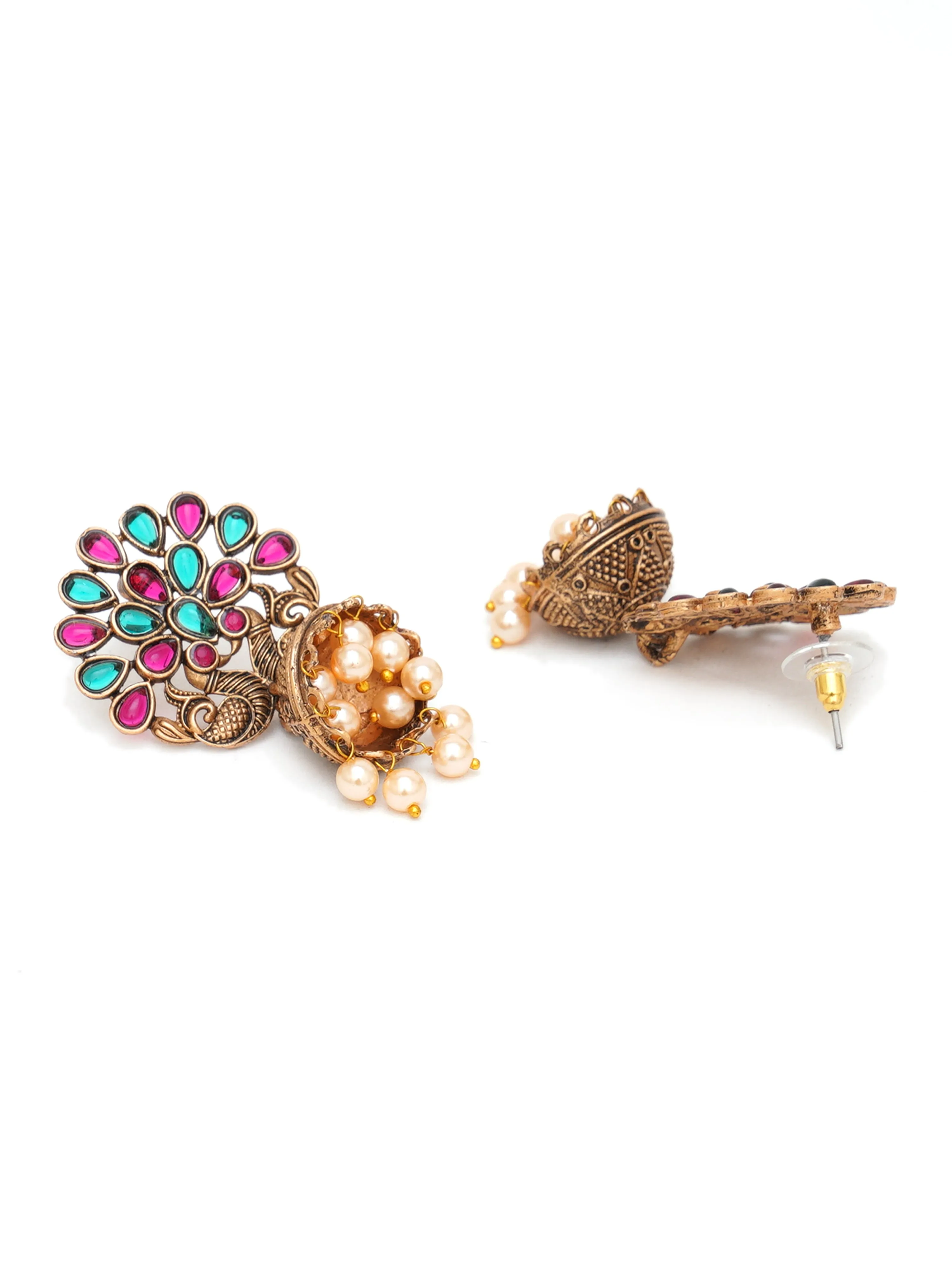 Karatcart Gold Plated Peacock Shape Red and Green Stone Jhumki Earrings for Women