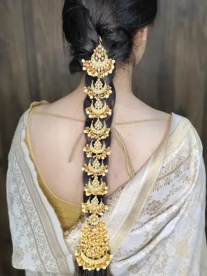 Karatcart Handcrafted Gold Plated Pearl and Kundan Studded Bridal Wedding Hair Braid Choti