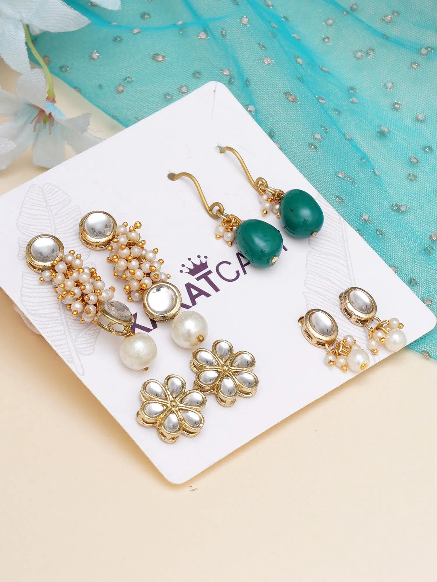 Karatcart Set of 4 Handcrafted Kundan Earrings Combo for Women