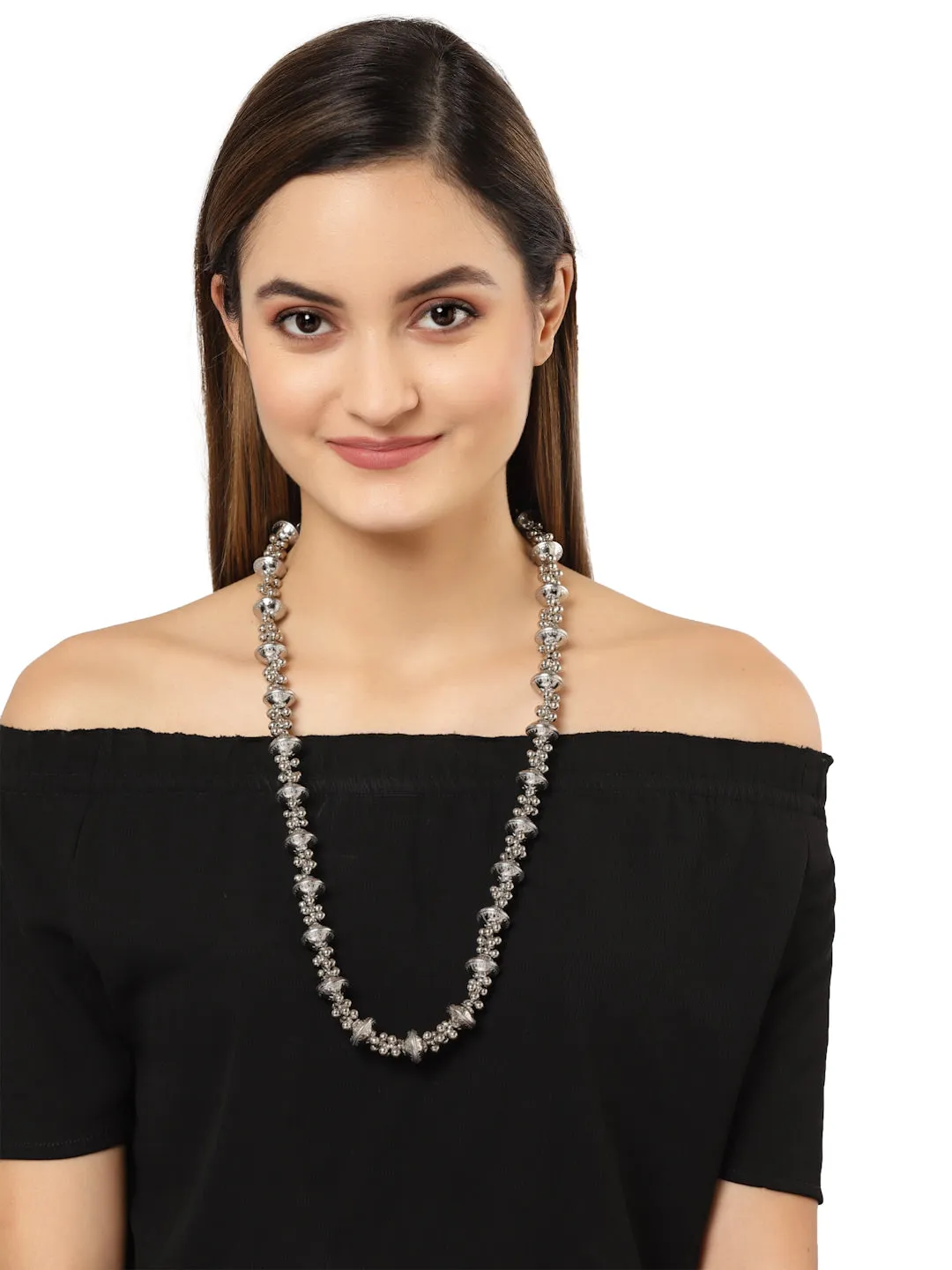 Karatcart Silver Balls Studded Long Necklace for Women