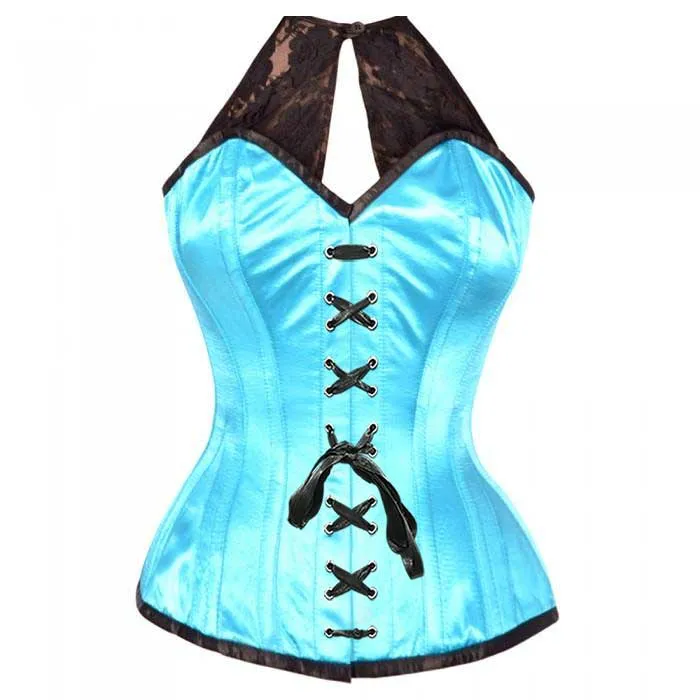 Keziaah Turquoise Satin Corset with Lace Halterneck
