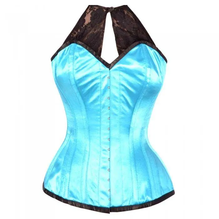 Keziaah Turquoise Satin Corset with Lace Halterneck