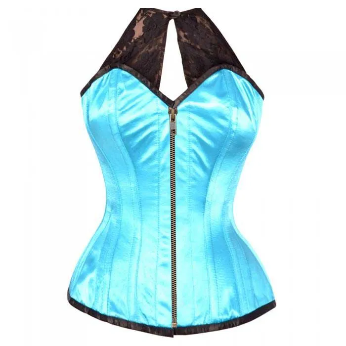 Keziaah Turquoise Satin Corset with Lace Halterneck
