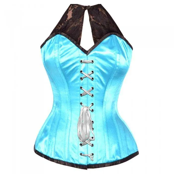 Keziaah Turquoise Satin Corset with Lace Halterneck