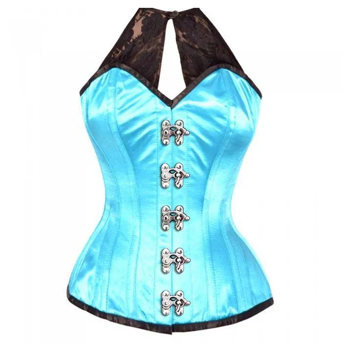 Keziaah Turquoise Satin Corset with Lace Halterneck