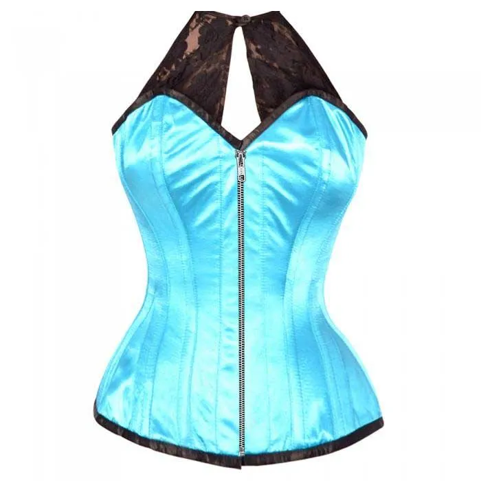 Keziaah Turquoise Satin Corset with Lace Halterneck