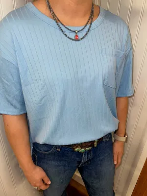LADIES SKY BLUE RIBBED POCKET TEE