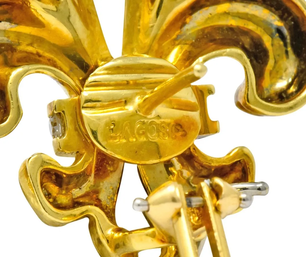 Lagos 1990's Vintage Diamond 18 Karat Gold Fleur-De-Lis Earrings