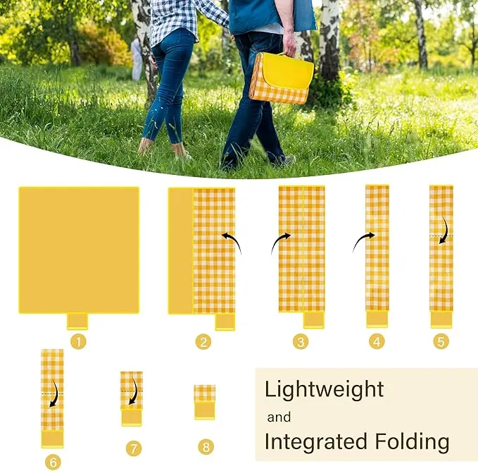 Large Picnic Blankets Waterproof Foldable Yellow Gingham Mat Tote bag for Outdoor Park Beach Camping Travel (80x80 inch)