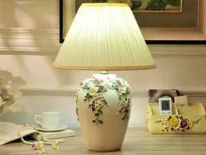 LED Table Lamp with Colorful Carved Flowers and Mushroom Pleated Silk Shade