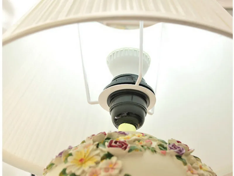 LED Table Lamp with Colorful Carved Flowers and Mushroom Pleated Silk Shade