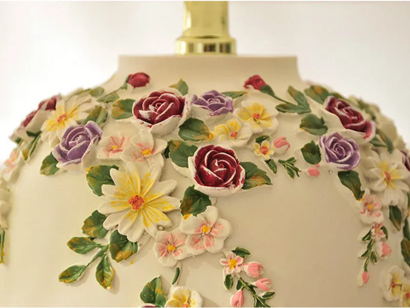 LED Table Lamp with Colorful Carved Flowers and Mushroom Pleated Silk Shade
