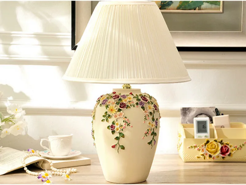 LED Table Lamp with Colorful Carved Flowers and Mushroom Pleated Silk Shade