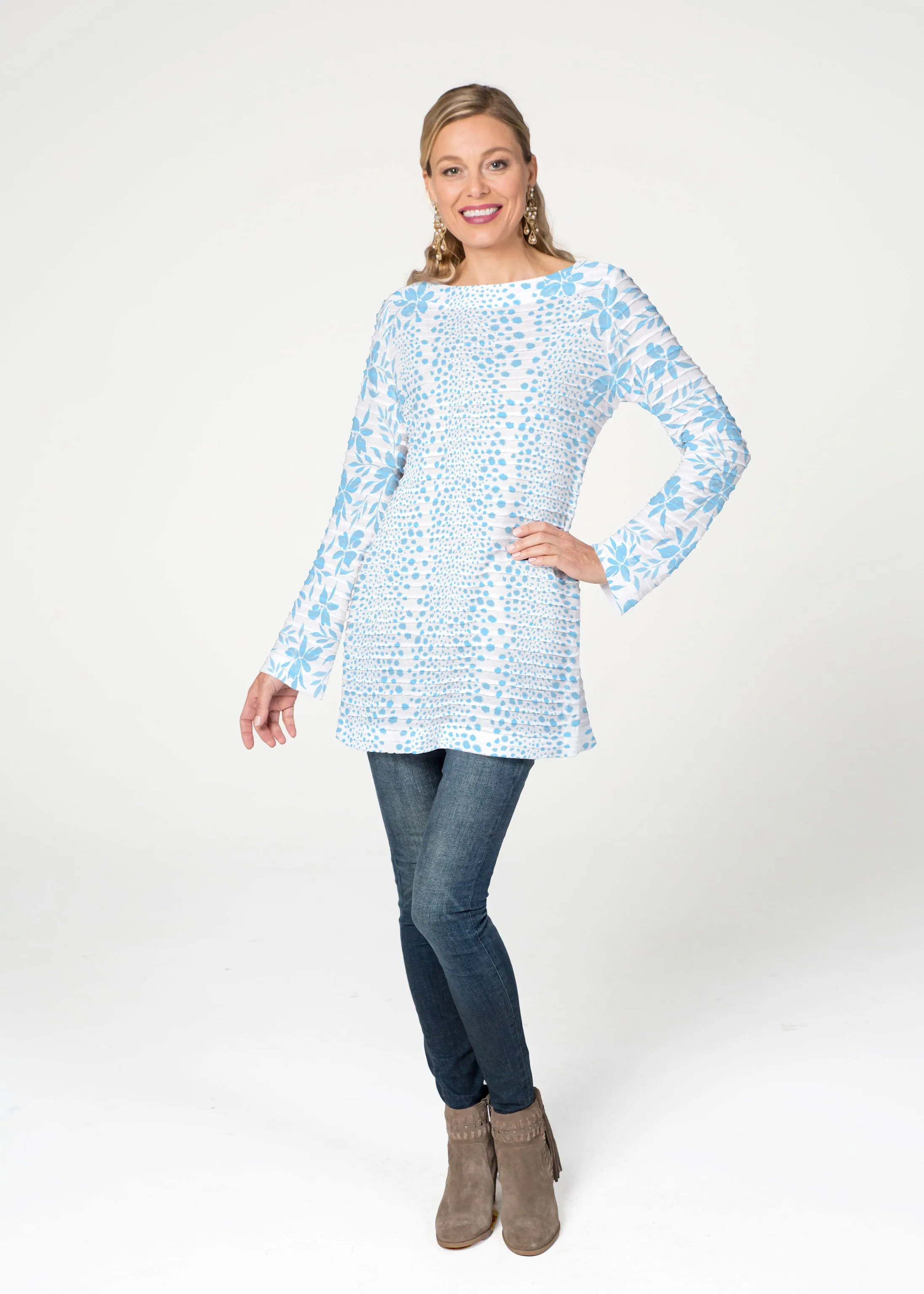 Leopard Rose Aqua (8028) ~ Banded Boatneck Tunic