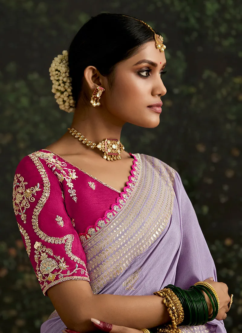 Lilac And Magenta Multi Embroidery Silk Saree
