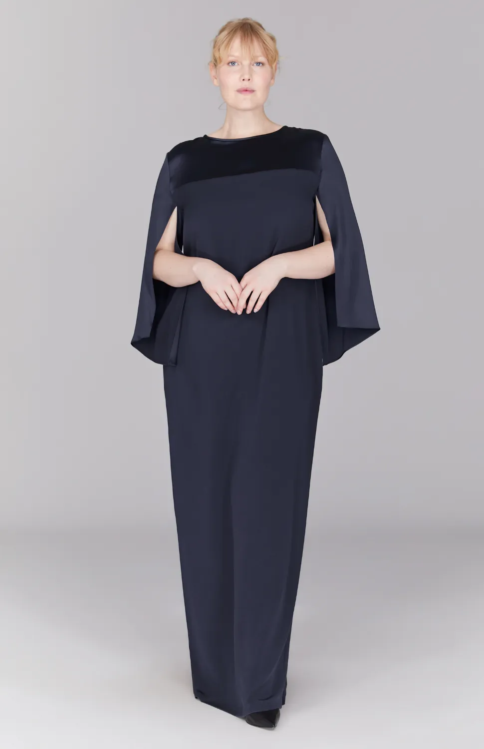 Long Sleeve Silk Gown with Satin Contrast