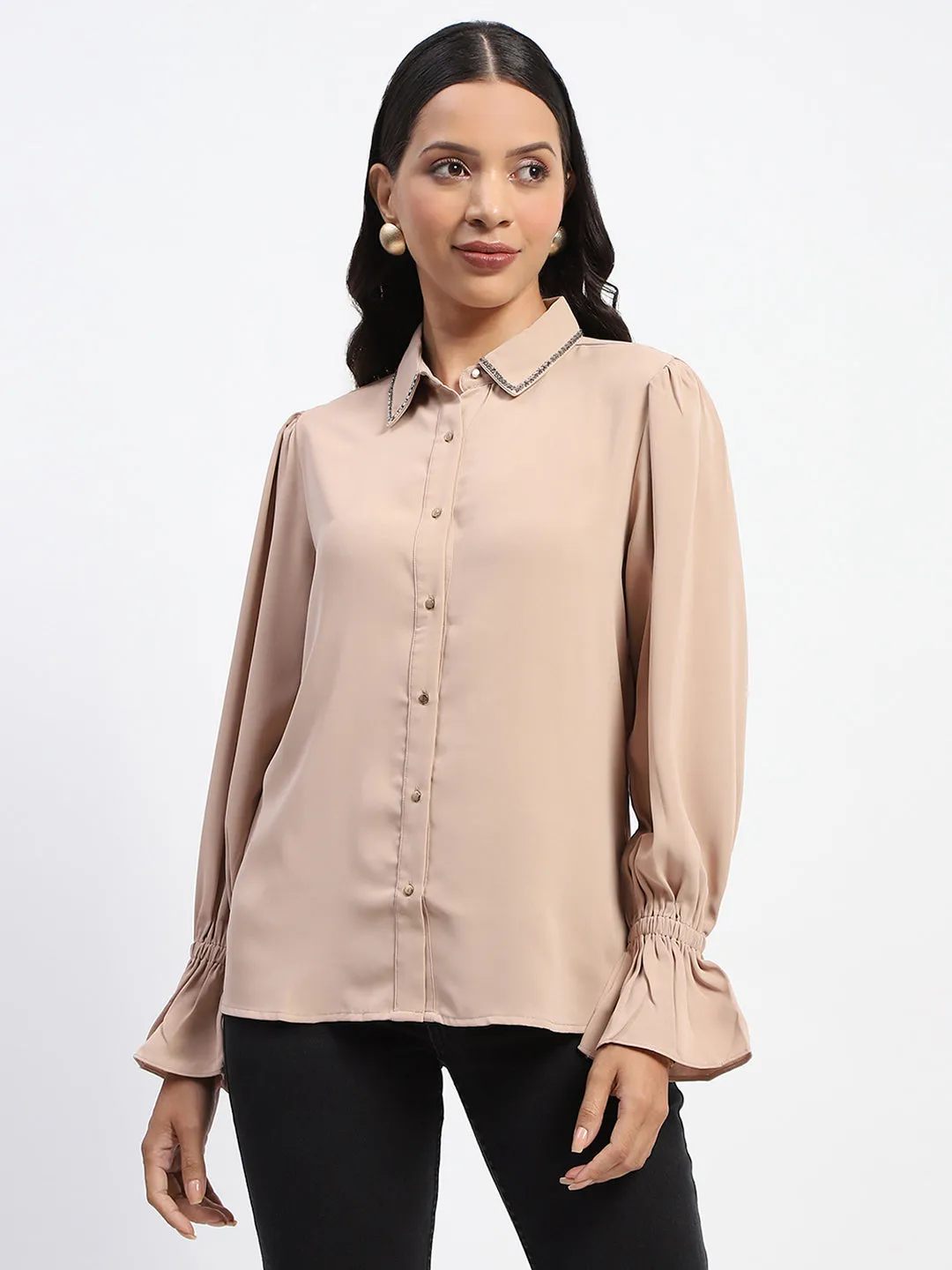 Madame Embellished Collar Button Up Beige Shirt