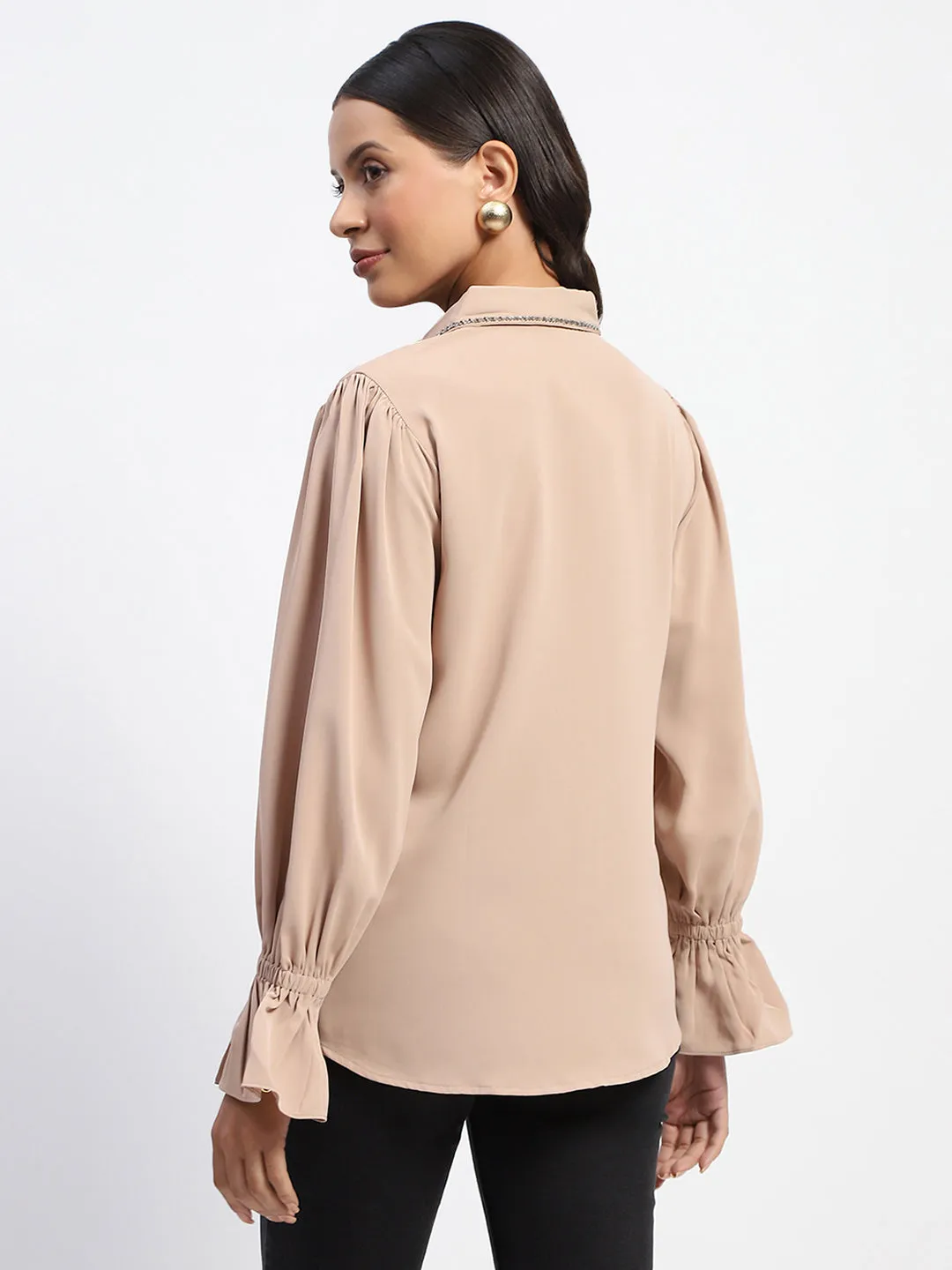Madame Embellished Collar Button Up Beige Shirt