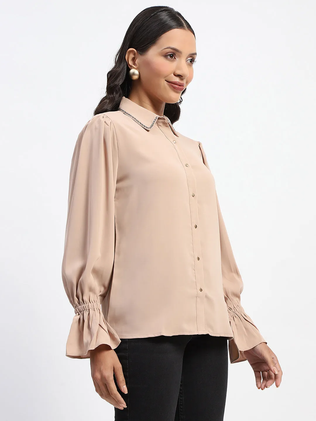 Madame Embellished Collar Button Up Beige Shirt