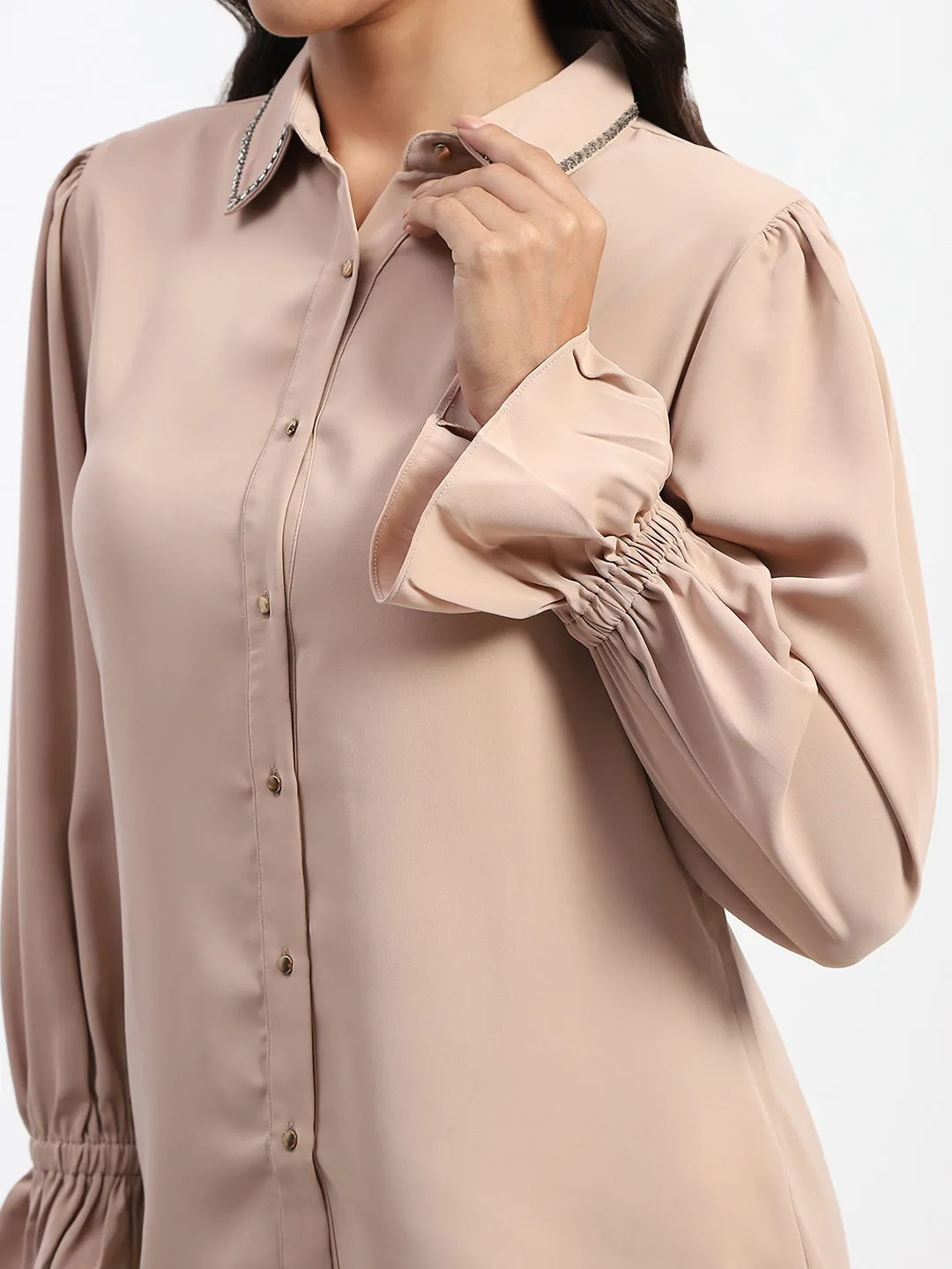 Madame Embellished Collar Button Up Beige Shirt