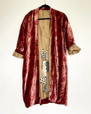 Maroon Paisley Velvet Caftan with Napoleon Artwork