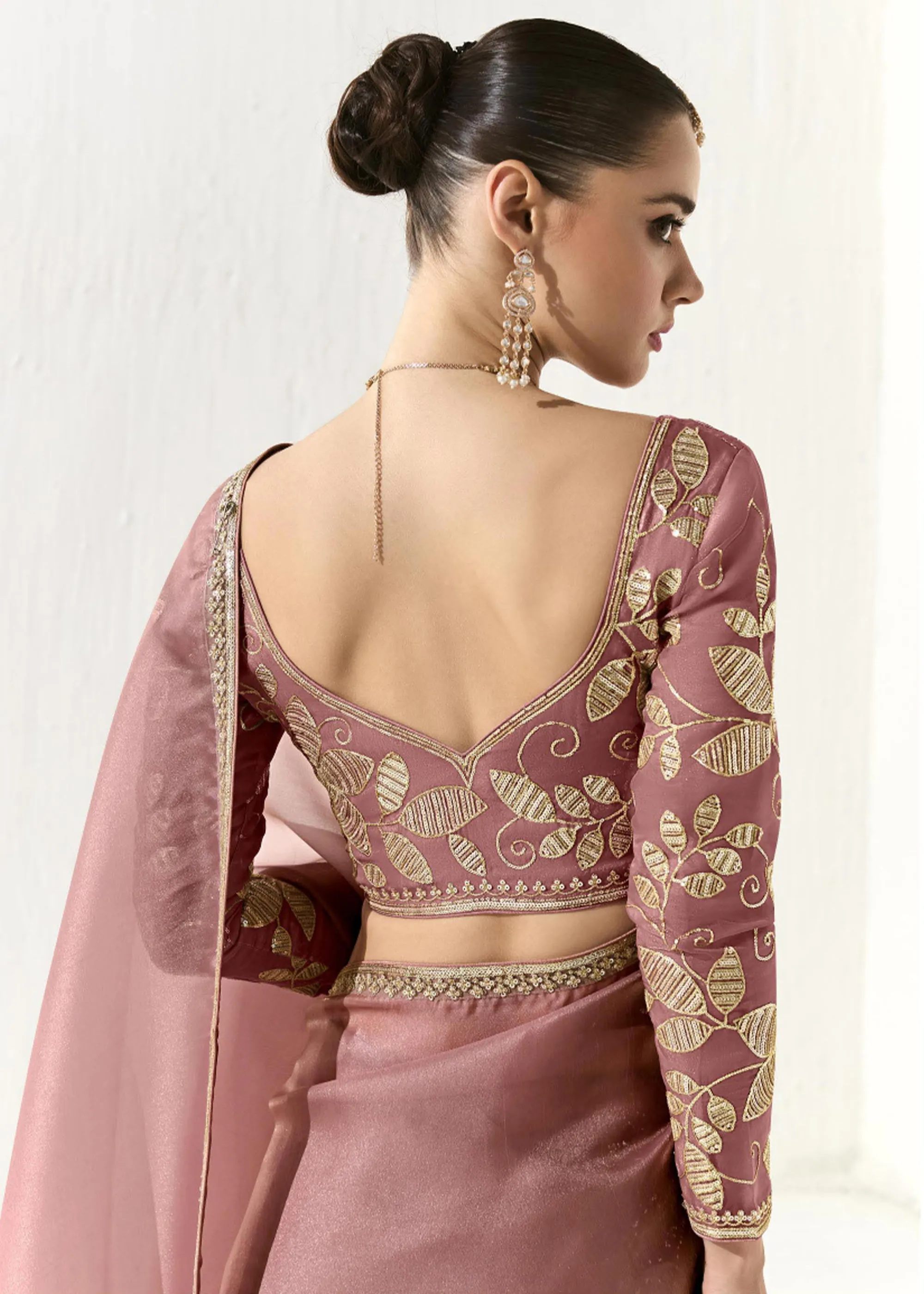 Mauve Pink Designer Organza Tissue Silk Saree