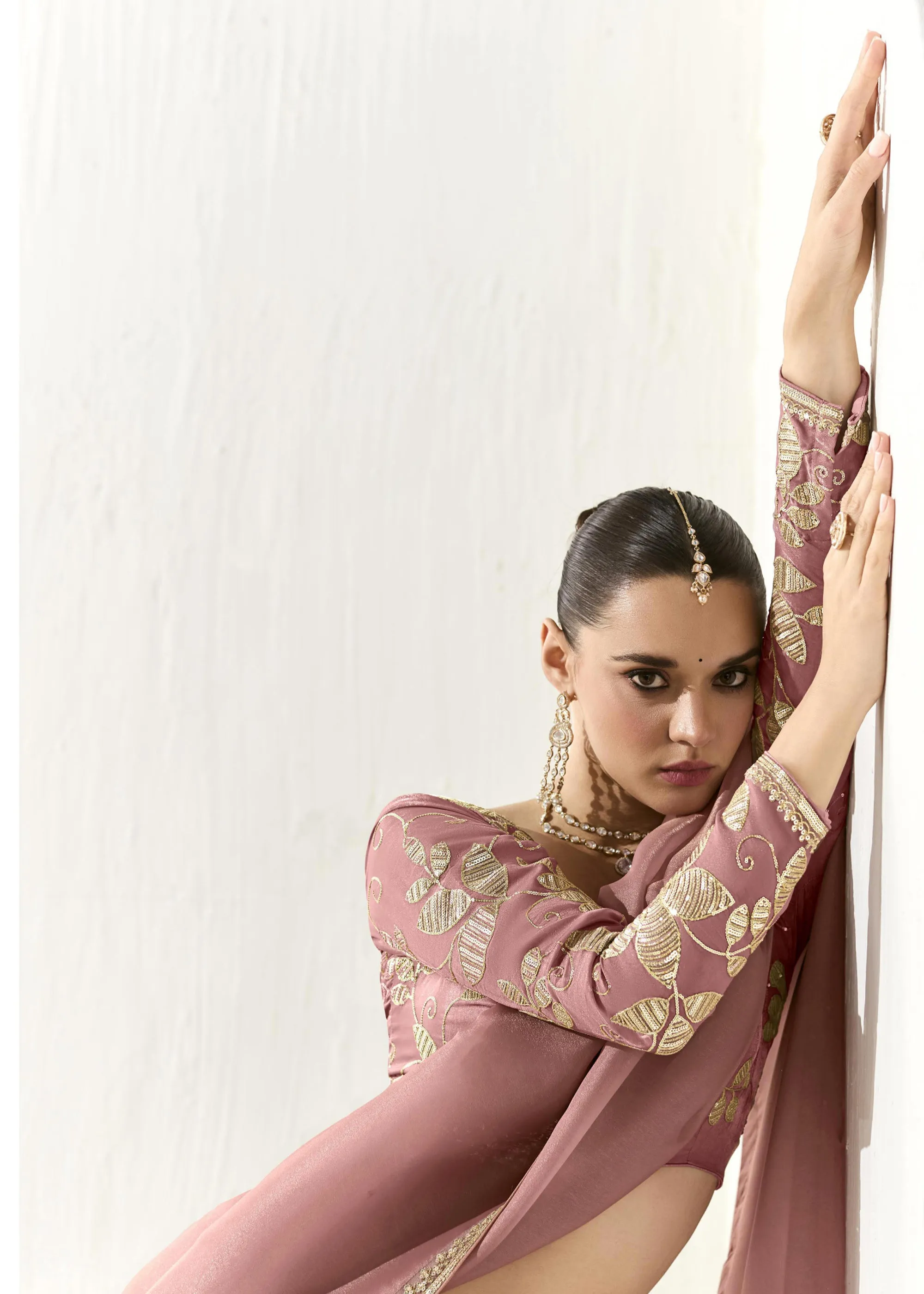 Mauve Pink Designer Organza Tissue Silk Saree