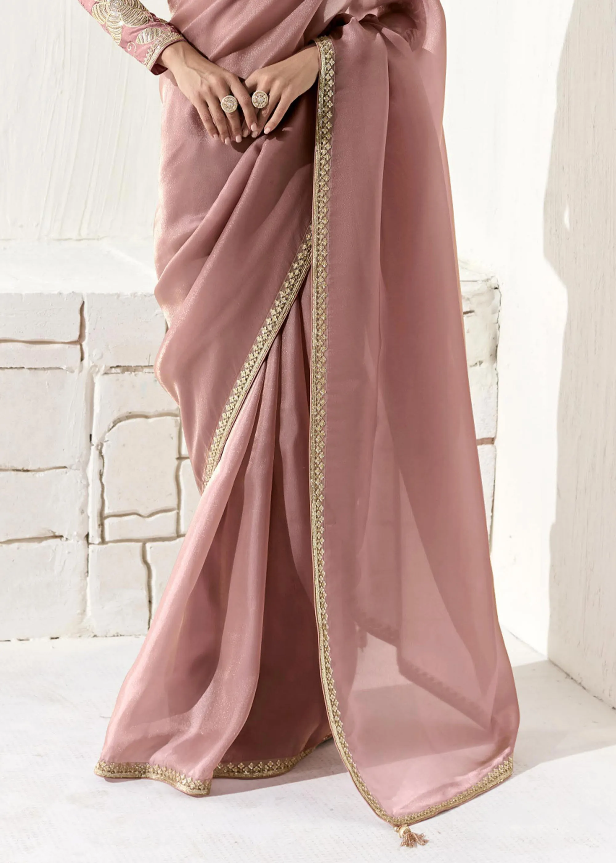 Mauve Pink Designer Organza Tissue Silk Saree