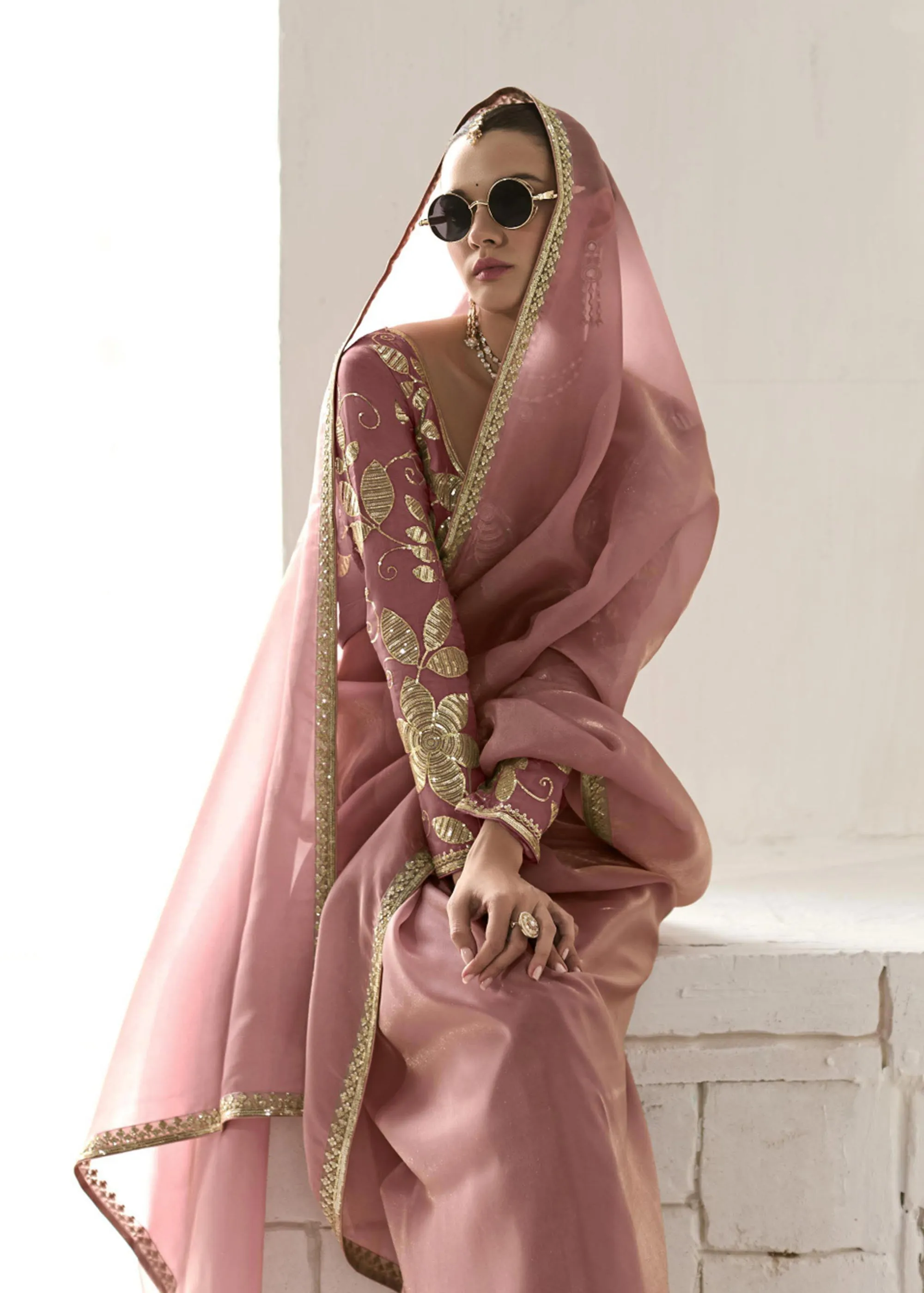Mauve Pink Designer Organza Tissue Silk Saree
